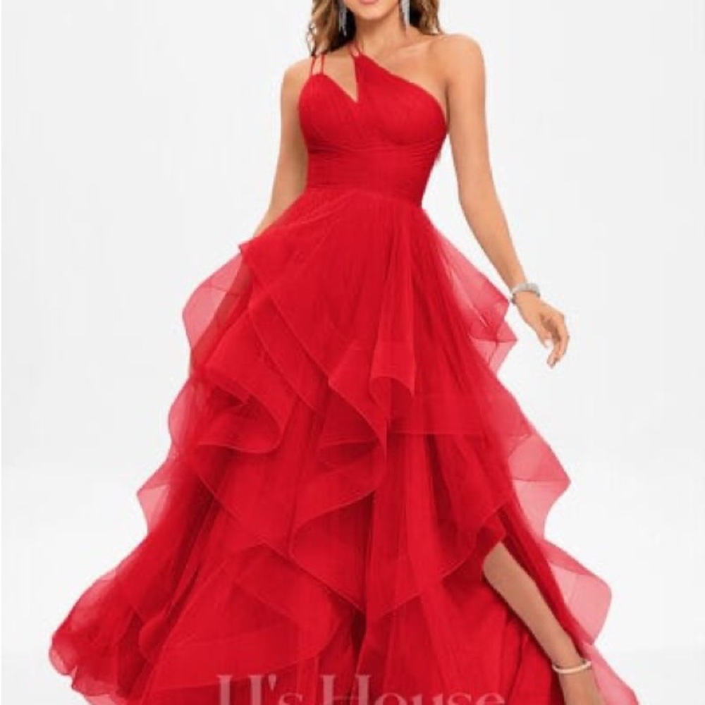 JJs House Vibrant Red Tulle One-Shoulder Dress